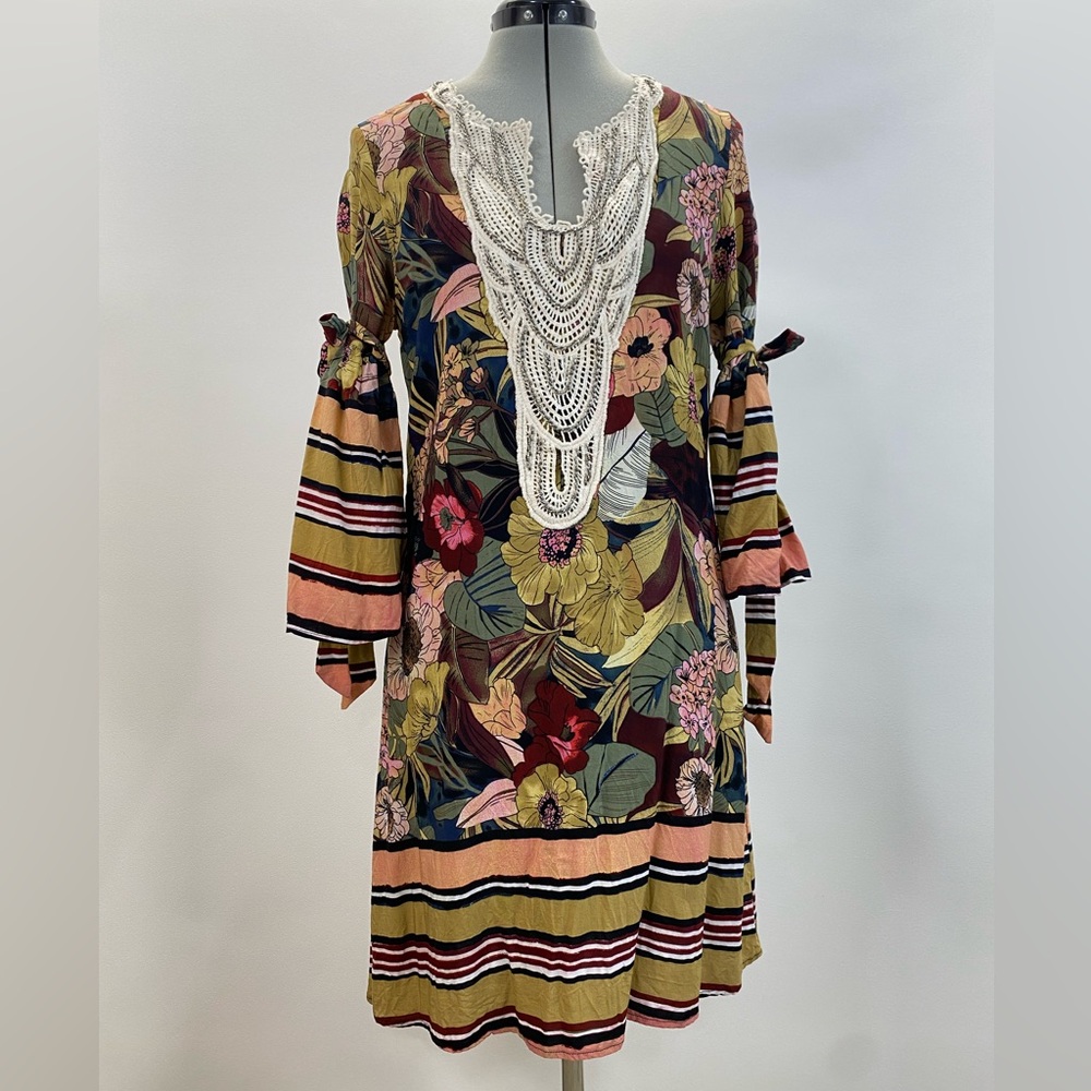 Floral Stripe Mix Summer Fall Crochet Beaded Statement Sleeve Flowy Boho Small